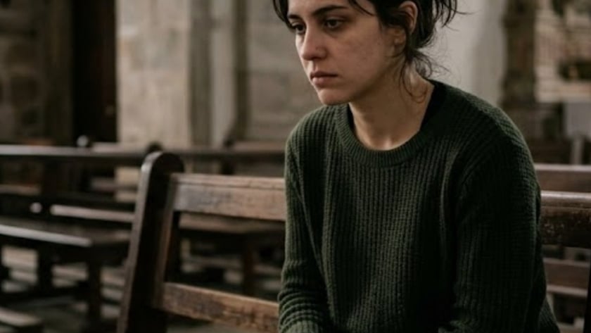 Mulher de cabelo escuro sentada em um banco de igreja, com um livro aberto no colo.