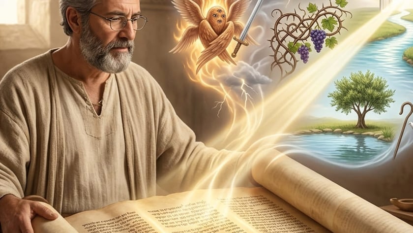 Homem barbudo de óculos lê um pergaminho de onde surgem símbolos proféticos, como anjo, espada
