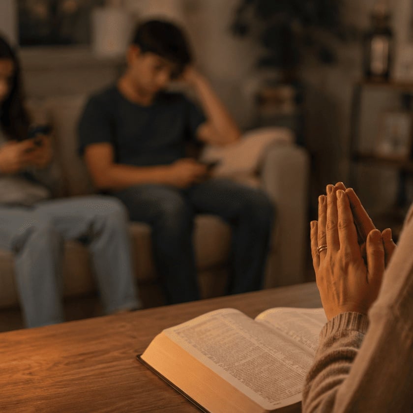 Dois jovens sentados num sofá usam celulares, com uma Bíblia aberta sobre a mesa à frente.