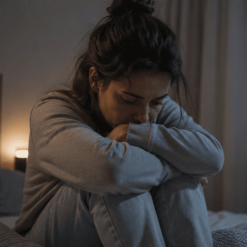 Mulher sentada na cama abraça os joelhos e apoia o rosto nos braços.