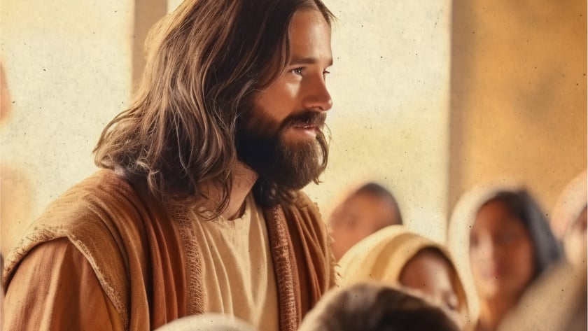 Homem de cabelo longo e barba, com túnica marrom, em meio a pessoas com mantos na cabeça.