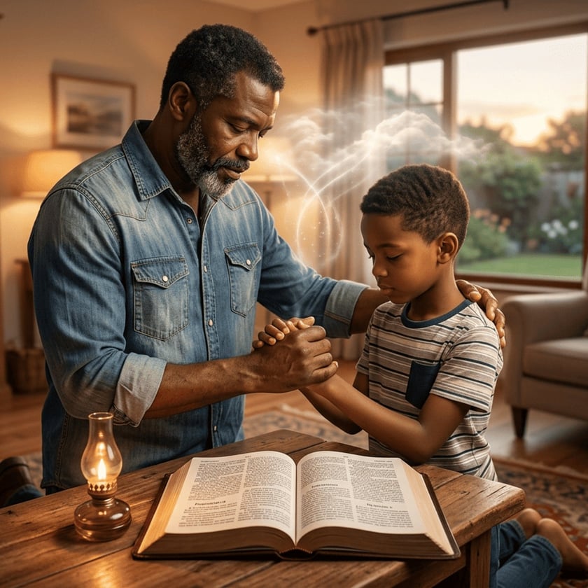 Homem de camisa jeans segura as mãos de um menino que reza, diante de uma Bíblia aberta.