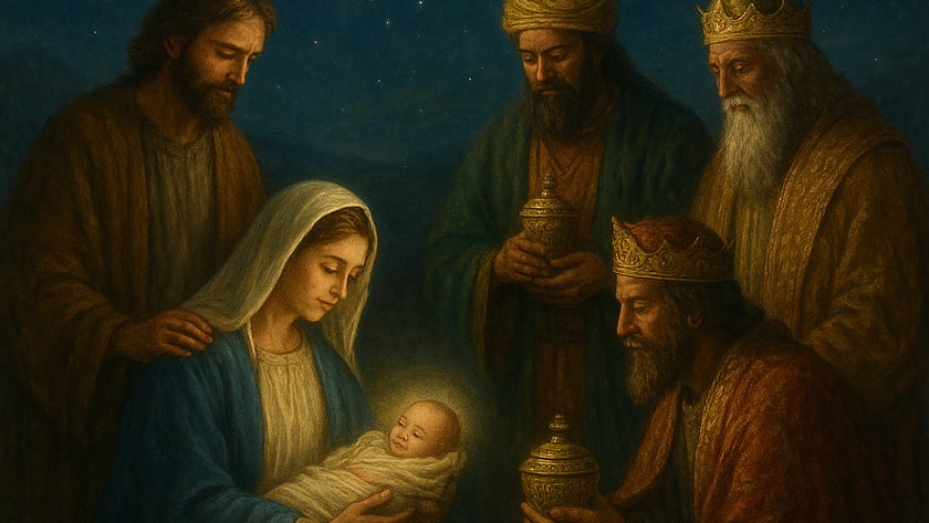 Família ao redor de um bebê envolto em panos, visitada por três reis com presentes.