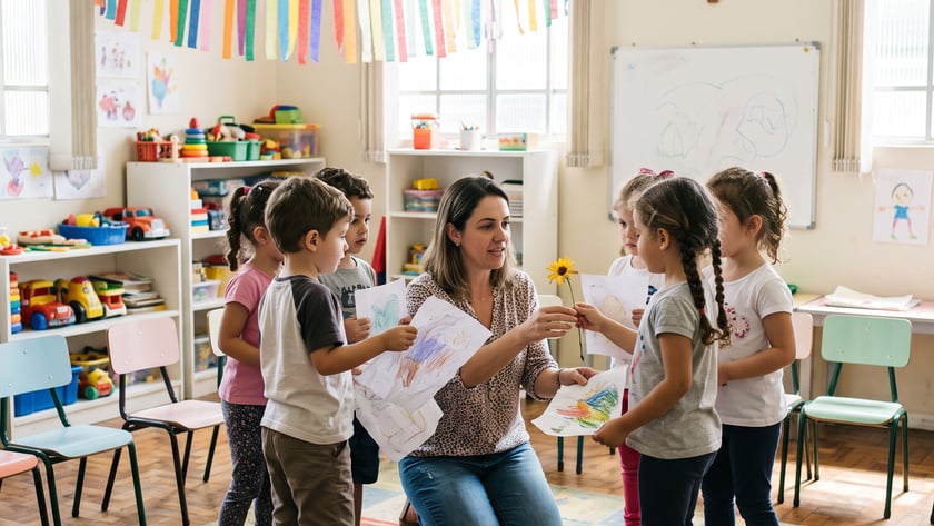 Professora ajoelhada mostra desenhos a cinco crianças em sala com faixa "Feliz Dia das Crianças"