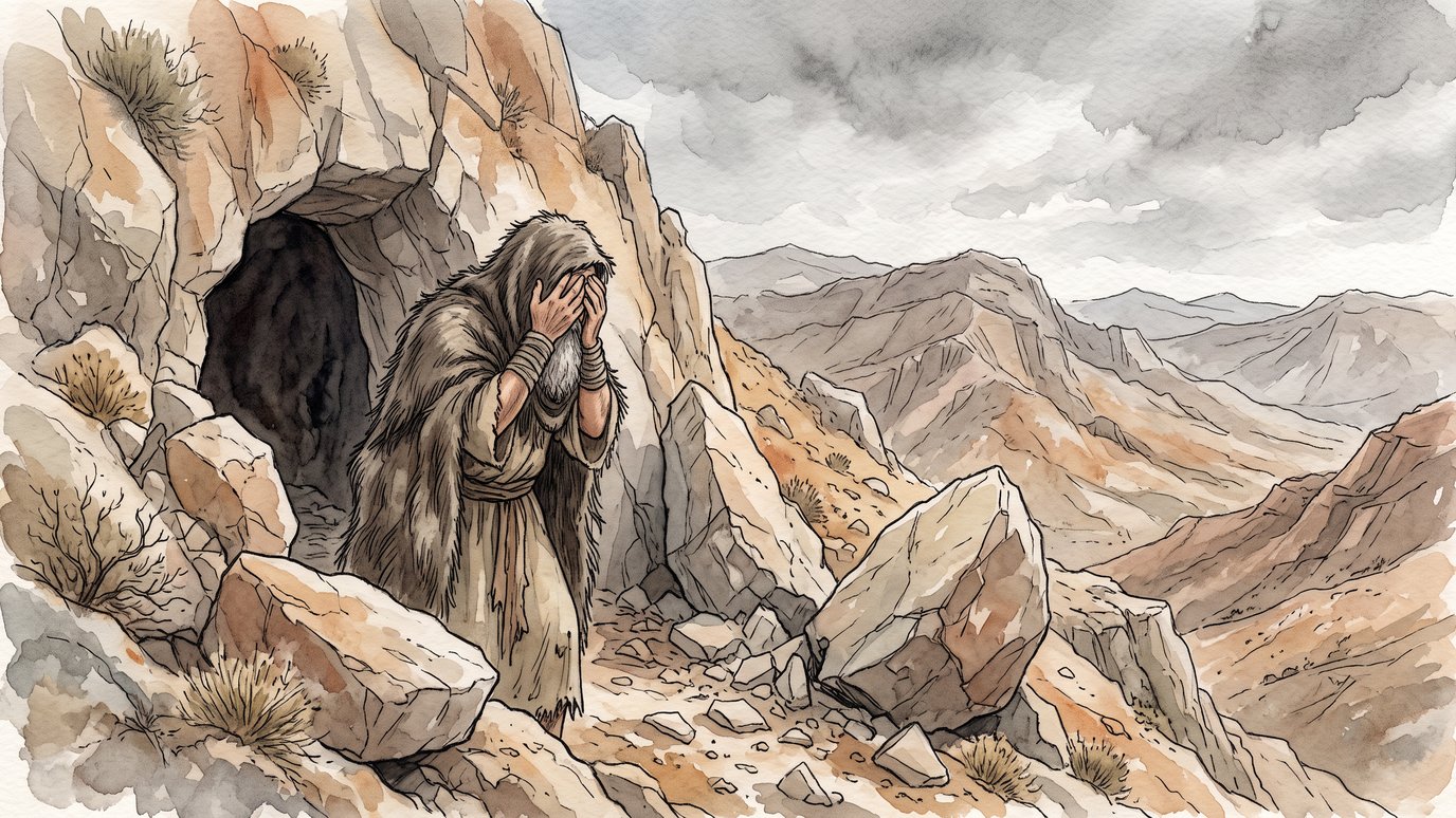 Figura coberta de peles cobre o rosto com as mãos, diante de uma caverna na montanha.