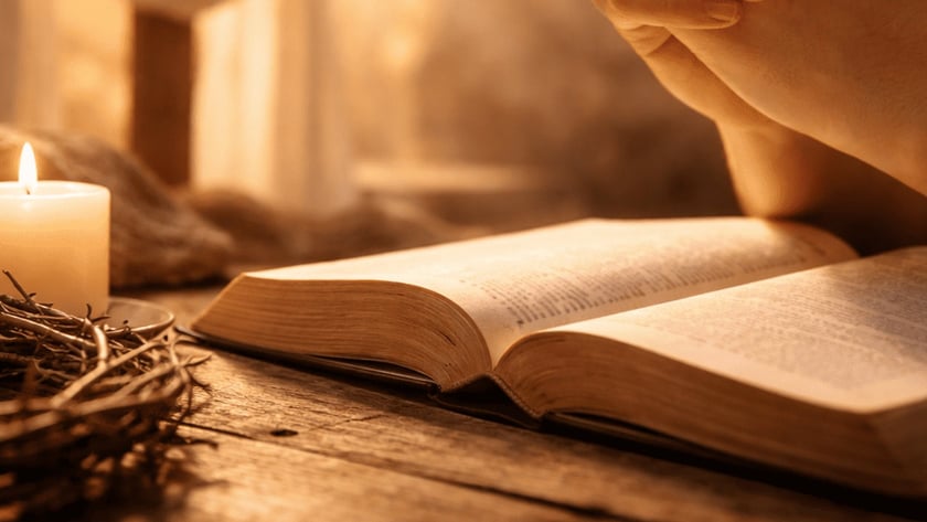 Mãos postas sobre uma Bíblia aberta, perto de uma vela acesa, coroa de espinhos e cruz.