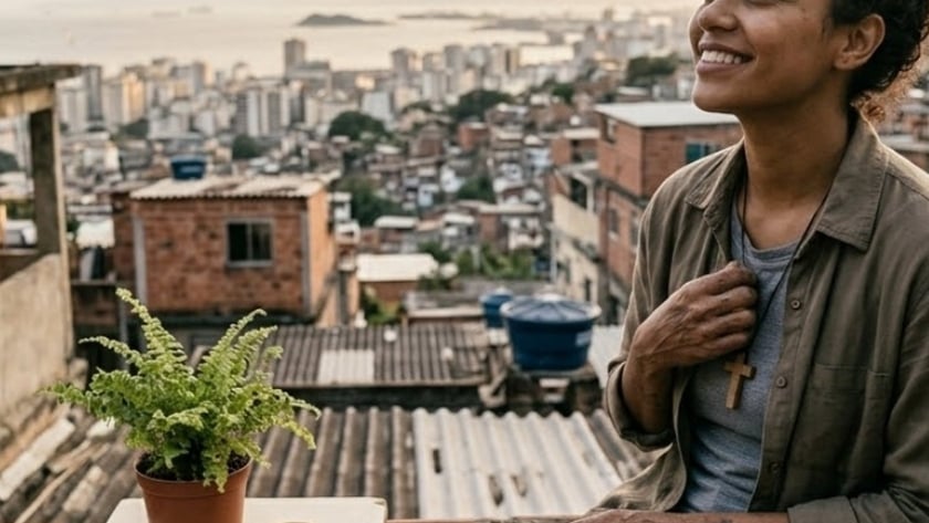 Mulher sorridente com Bíblia no colo e cruz no peito, numa varanda sobre uma favela.