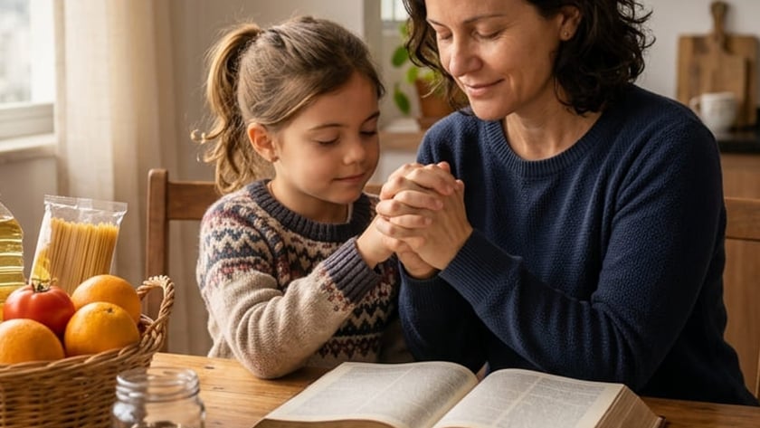 Mulher e menina de mãos postas, olhos fechados, à mesa com Bíblia e cesta de alimentos.