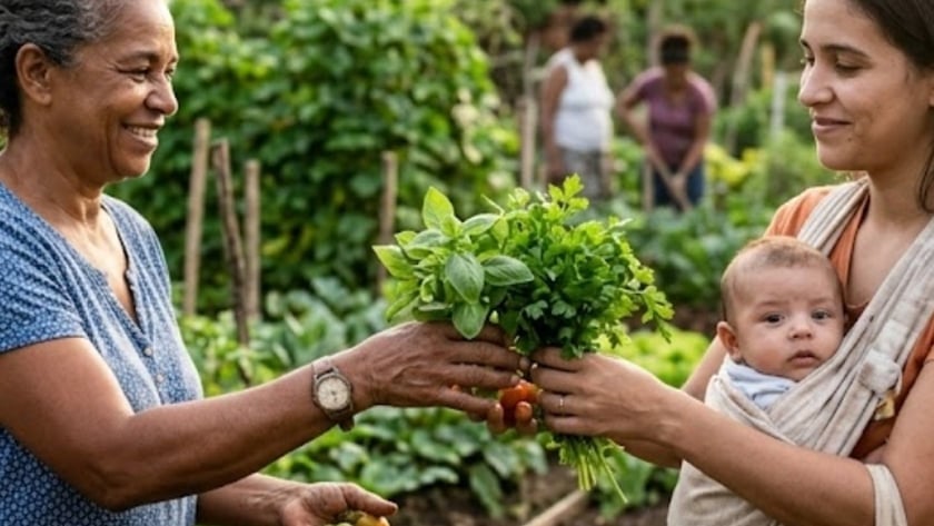 Duas mulheres trocam um maço de ervas numa horta comunitária; uma carrega um bebê.