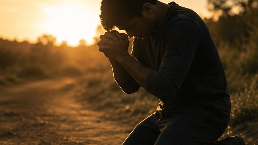 Homem ajoelhado em uma estrada de terra, de cabeça baixa e mãos unidas, ao pôr do sol.