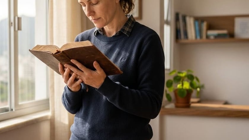 Mulher de suéter azul-marinho lê um livro de capa de couro em pé, perto da janela.