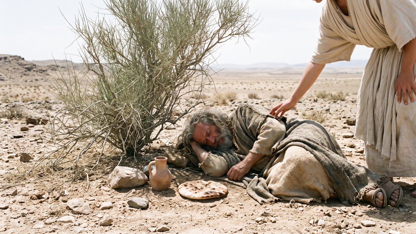 Homem idoso dorme no deserto, ao lado de pão e jarro, enquanto alguém toca seu ombro.
