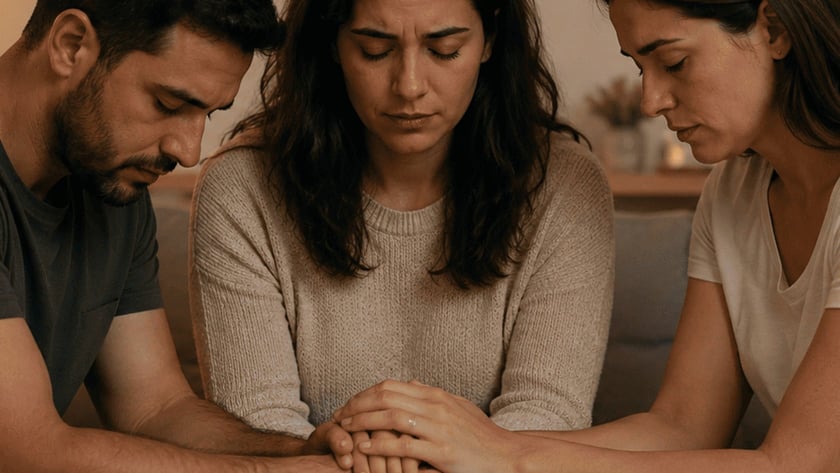 Duas mulheres e um homem sentados no sofá, de mãos unidas, de olhos fechados.