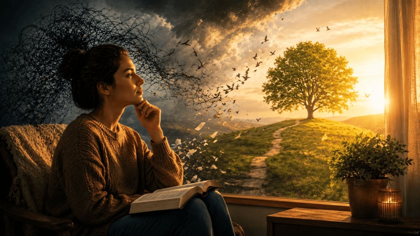 Pessoa lê livro aberto junto à janela com vista de colina, árvore e pássaros.