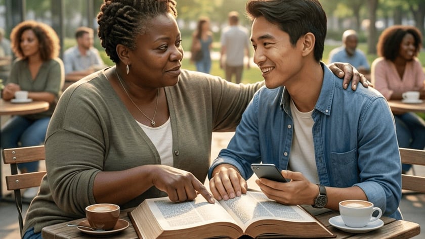 Mulher aponta um livro aberto a um jovem com celular, em café ao ar livre.