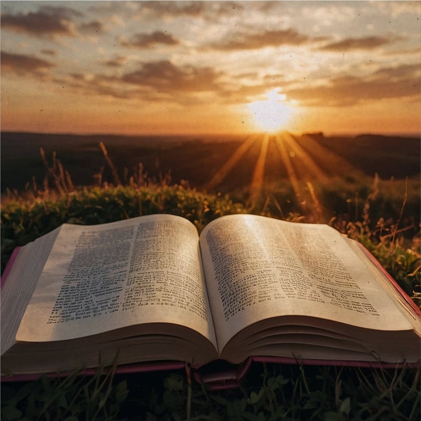 Livro aberto sobre a grama, com o sol se pondo no horizonte ao fundo.