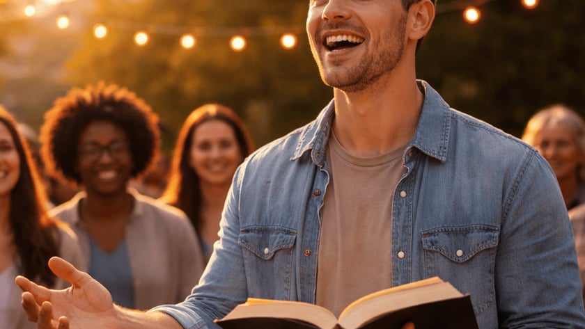 Homem sorridente segura um livro aberto e estende a mão diante de pessoas ao ar livre.