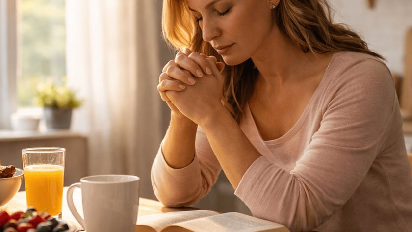 Mulher de olhos fechados e mãos unidas à mesa de café da manhã, com livro aberto.