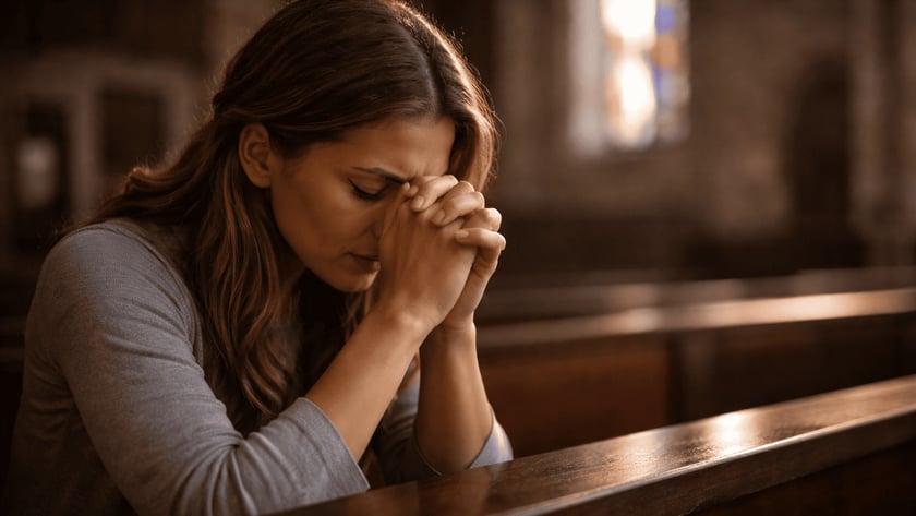 Mulher de cabelos castanhos com as mãos unidas junto à testa, orando em um banco de igreja.