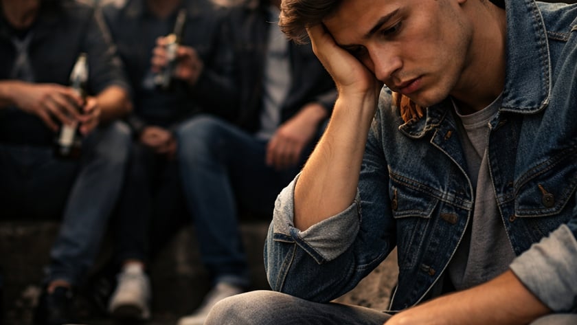 Jovem de jaqueta jeans sentado de cabeça baixa, com três homens bebendo ao fundo.