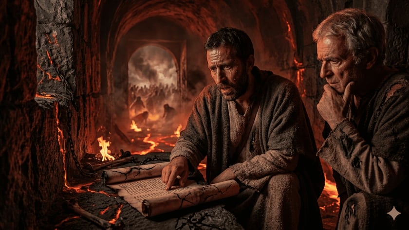 Dois homens de túnicas rústicas examinam um pergaminho numa caverna de lava, com multidão ao fundo.