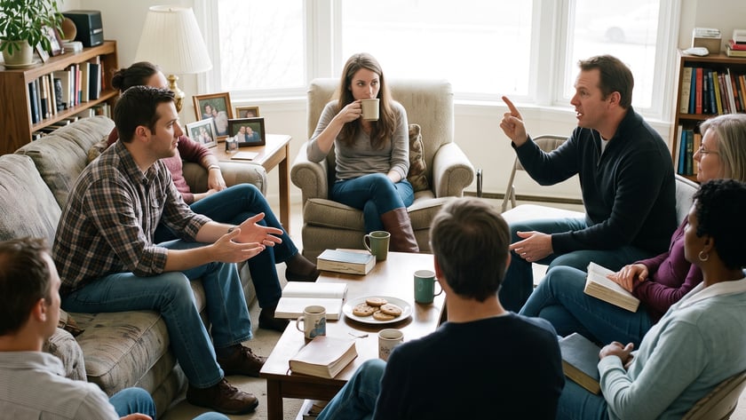 Grupo de pessoas sentadas em círculo numa sala, conversando com livros e canecas à mesa.