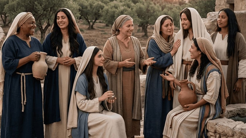 Oito mulheres de túnicas e véus conversam ao entardecer perto de um poço, com oliveiras ao fundo.