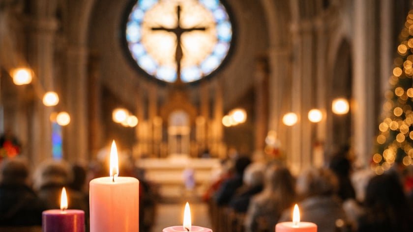 Coroa do Advento com quatro velas acesas dentro de uma igreja com fiéis sentados