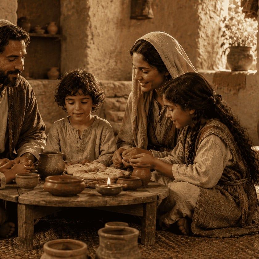 Família com pai, mãe, menino e menina sentados ao redor de uma mesa baixa com pães.