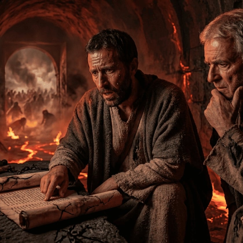 Dois homens de túnicas rústicas examinam um pergaminho numa caverna de lava, com multidão ao fundo.