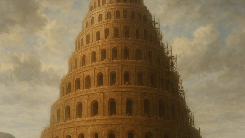 Homens conversando e gesticulando diante de uma enorme torre em espiral com andaimes