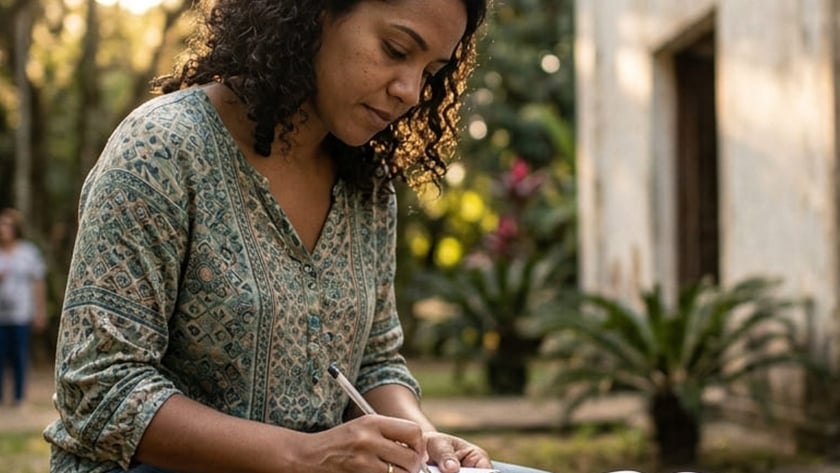 Mulher de cabelo cacheado escreve em caderno, com Bíblia aberta no colo, sentada ao ar livre.