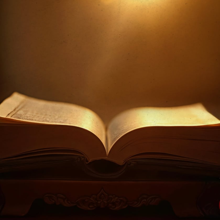 Livro antigo aberto sobre um móvel de madeira entalhada, com páginas amareladas.
