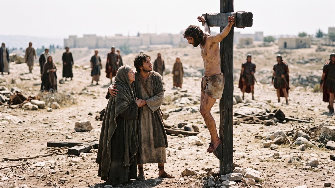 Mulher de manto e homem a seu lado olham um homem crucificado; soldados observam ao fundo.