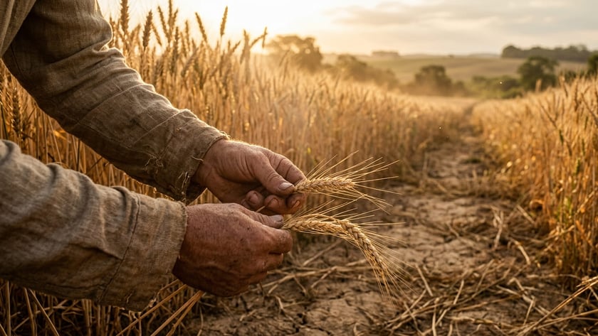 Mãos calejadas de agricultor segurando espigas de trigo em plantação seca, ao lado de terra rachada.
