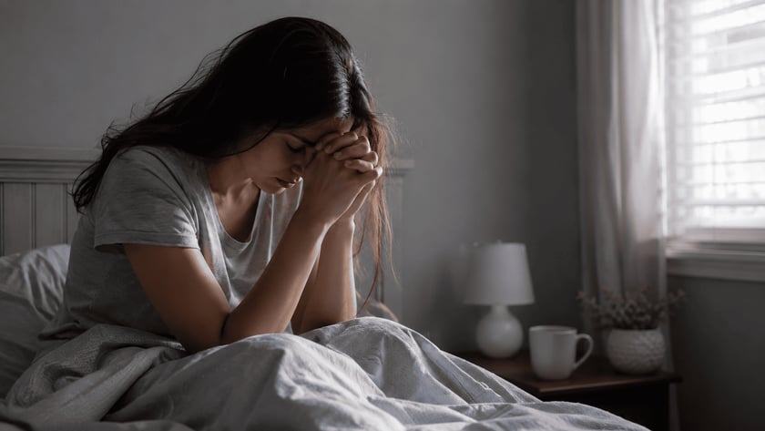 Mulher de cabelos longos sentada na cama, com a cabeça apoiada nas mãos unidas.