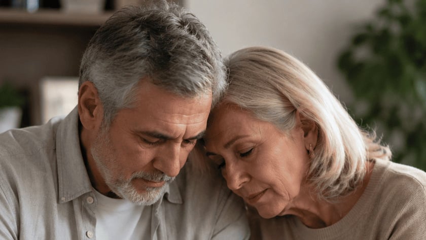 Homem e mulher de meia-idade sentados no sofá, de mãos dadas, com as cabeças encostadas.