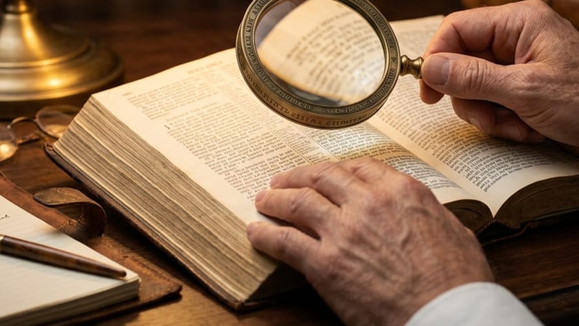 Mãos de uma pessoa idosa examinam um livro antigo aberto com uma lupa sobre a mesa.
