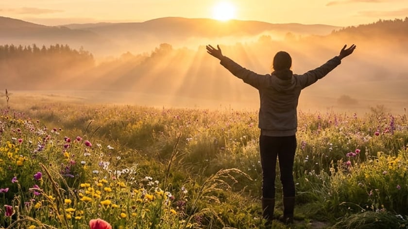 Pessoa de costas, com os braços abertos, em um campo de flores silvestres ao nascer do sol.