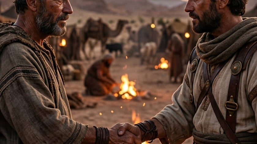 Dois homens barbados apertam as mãos junto a uma fogueira em acampamento no deserto.