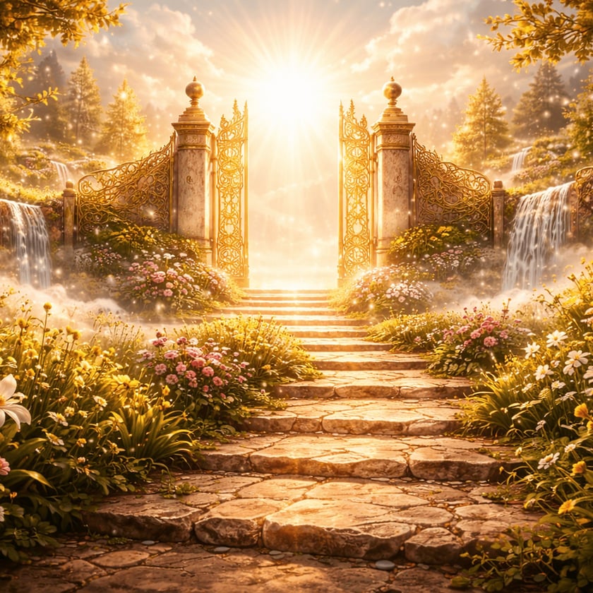 Escadaria de pedra entre flores leva a portões dourados abertos, com cachoeiras ao lado.
