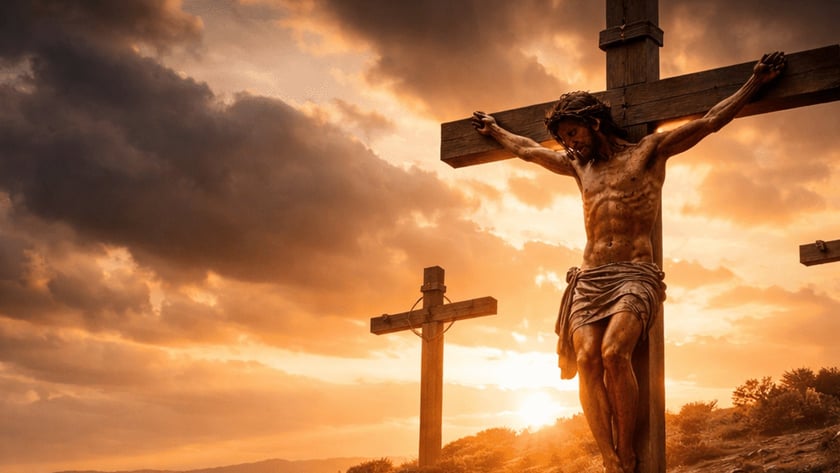 Homem crucificado em uma cruz de madeira numa colina, com duas outras cruzes ao fundo.