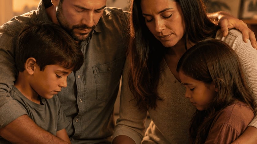 Família de quatro pessoas abraçada na sala, de olhos fechados, com as mãos unidas.