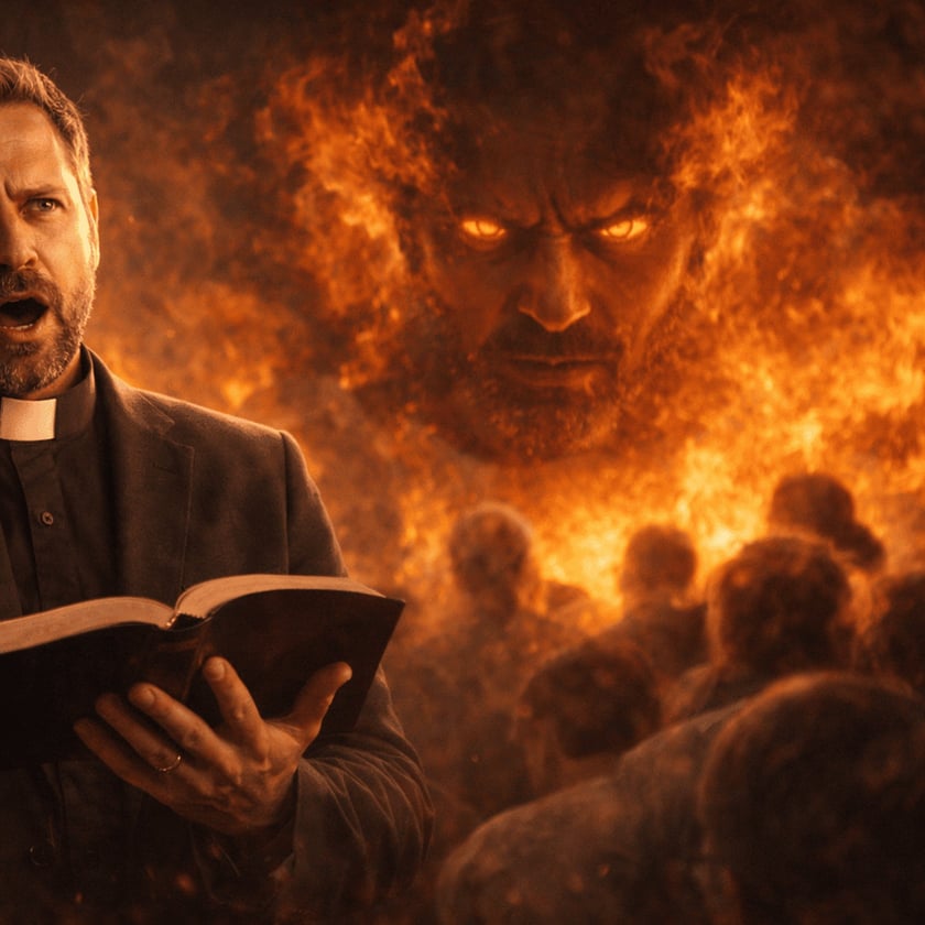 Padre de colarinho clerical lê a Bíblia diante de um rosto demoníaco de fogo e uma multidão.