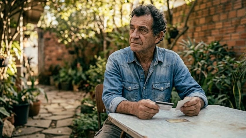 Homem de camisa jeans sentado a uma mesa em um quintal com plantas.