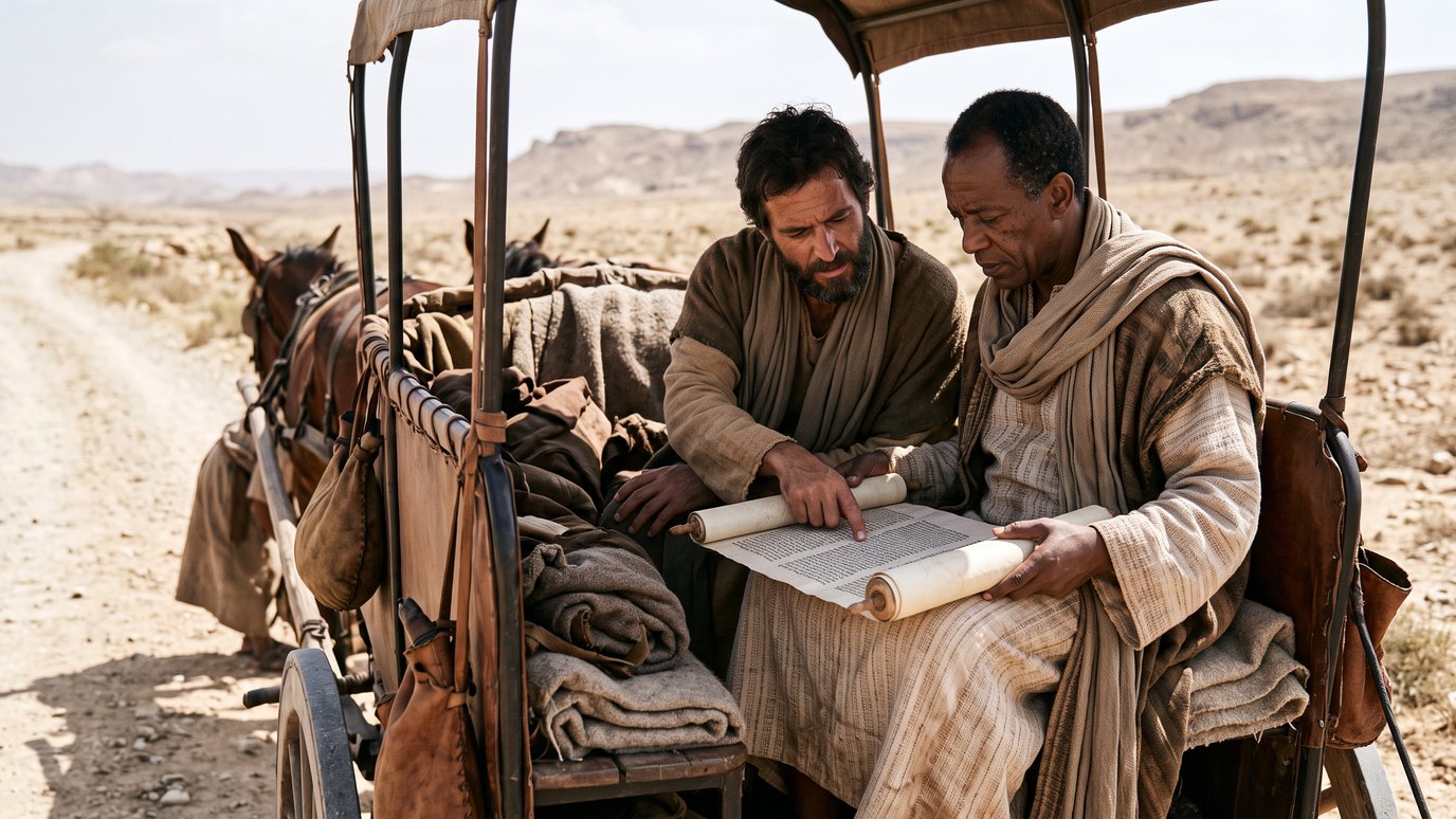 Dois homens em uma carruagem no deserto leem juntos um rolo aberto.