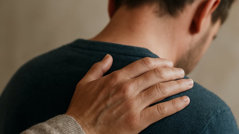 Mão de uma pessoa de suéter bege apoiada no ombro de um homem de costas.