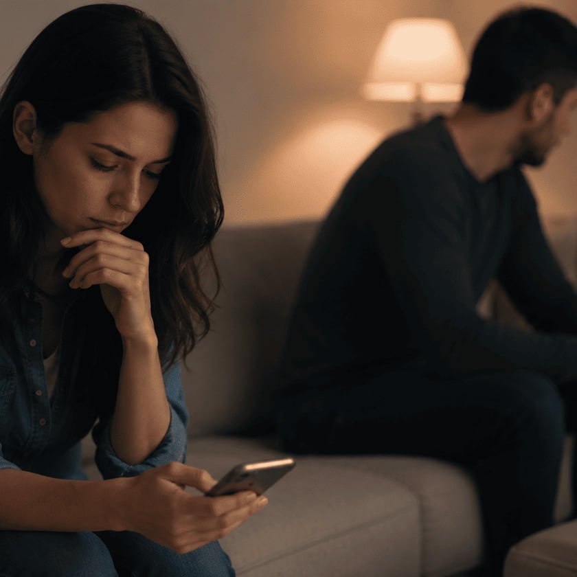 Mulher olha o celular em um sofá, com um homem sentado ao fundo.
