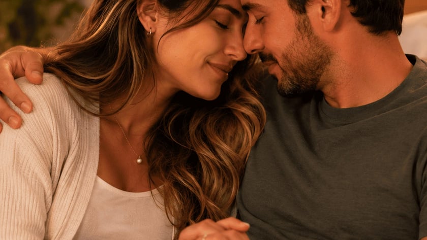 Casal sentado no sofá, de testas encostadas e mãos entrelaçadas, em ambiente aconchegante.