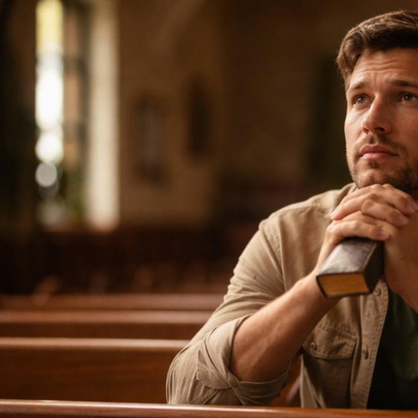 Homem de barba curta, sentado em um banco de igreja, segura uma Bíblia junto às mãos.